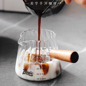 Bincoo玻璃小奶盅带刻度量杯意式浓缩咖啡萃取杯木柄小奶罐盎司杯